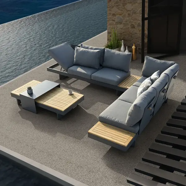 4 Pieces Modern L Shape Outdoor Sectional Sofa Set with Wood Coffee Table in Gray - Image 4