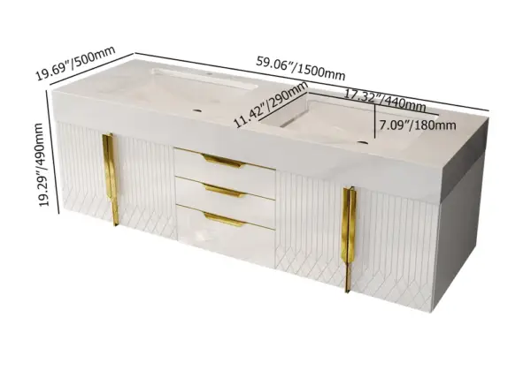 Aro 1500mm White Double Basin Wall Mounted Bathroom Vanity Drawers Faux Marble Top - Image 13