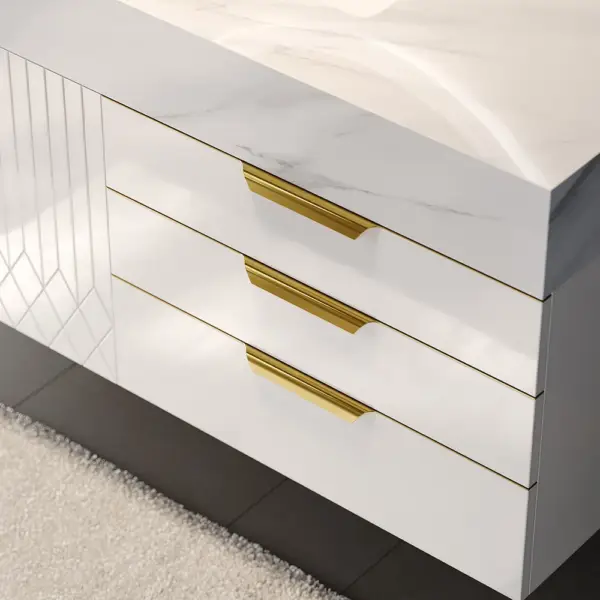 Aro 900mm White Wall Mounted Bathroom Vanity Drawers Faux Marble Top - Image 4