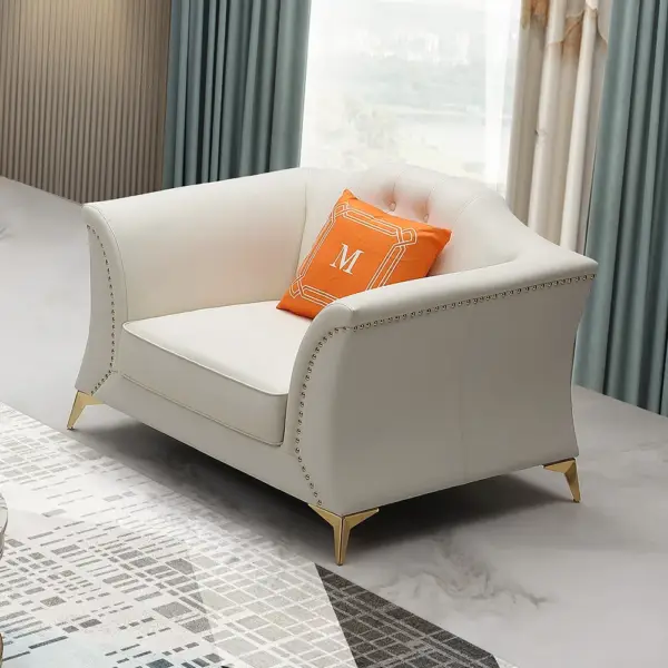 3 Piece Modern Faux Leather Living Room Set Chesterfield Sofa in Beige with Stool - Image 8