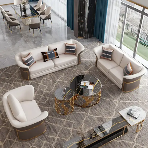 Modern Faux Leather Sofa Living Room Set in Brown & White Set of 3 - Image 3