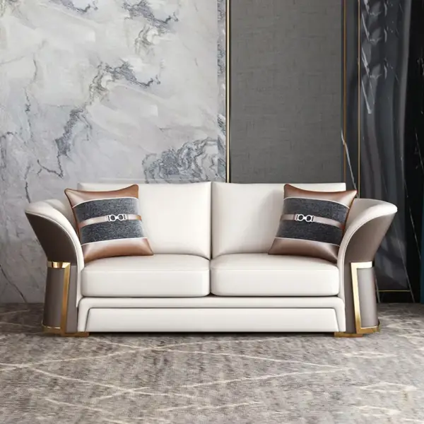 Modern Faux Leather Sofa Living Room Set in Brown & White Set of 3 - Image 4