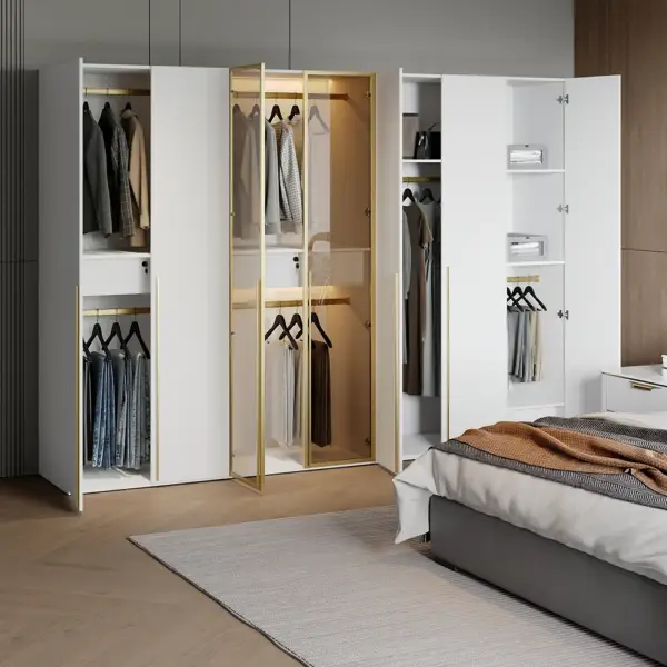 White & Gold Modern Extra Wide Wardrobe with Clear Glass Door Storage with Sensor Light - Image 4