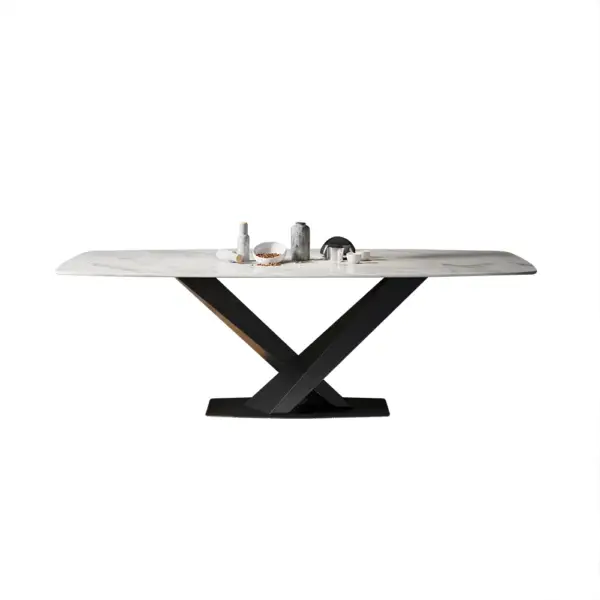2000mm Modern Rectangular White Sintered Stone Dining Table with Metal X-Base - Image 6