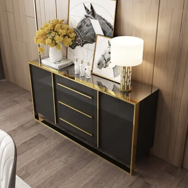 Cylina 1500mm Glossy Black Buffet & Sideboard with 3 Drawers & 2 Doors - Image 2