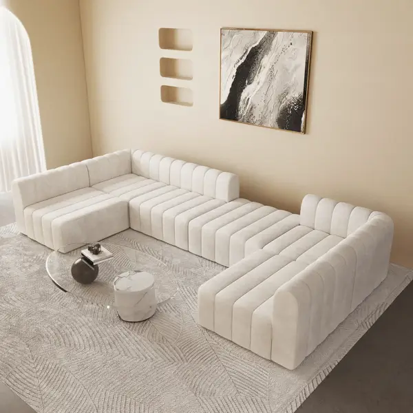 3020mm Off White Velvet Modular Pit Sectional Sofa Set Convertible 6-Seater Upholstered