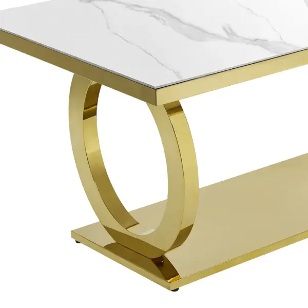 2000mm Modern Rectangle White Dining Table Sintered Stone Stainless Steel Base in Gold - Image 7