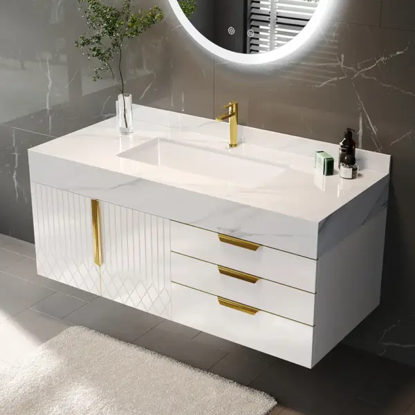 Aro 900mm White Wall Mounted Bathroom Vanity Drawers Faux Marble Top - Image 3