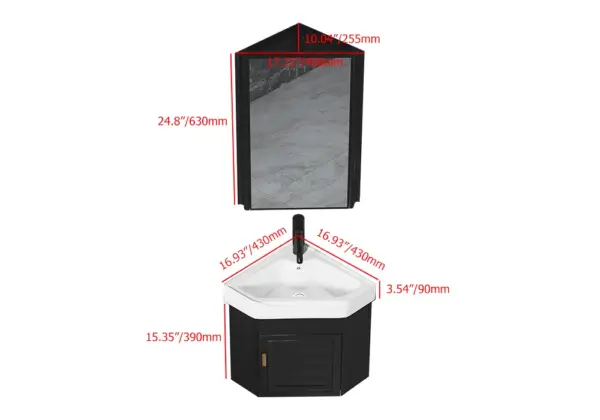 430mm Black Floating Corner Bathroom Vanity with Medicine Cabinet Ceramics Basin - Image 8