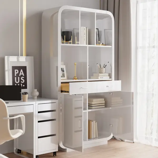 2010mm White Bookcase with Doors Modern Etagere Bookcase with Drawers - Image 5