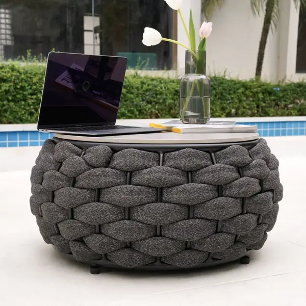 Tatta 4 Pieces Woven Rope Outdoor Sofa Set Faux Marble Top Coffee Table in Black & Gray - Image 6
