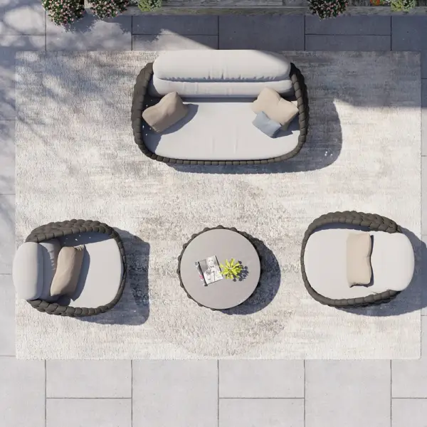 Tatta 4 Pieces Woven Rope Outdoor Sofa Set Faux Marble Top Coffee Table in Black & Gray - Image 4