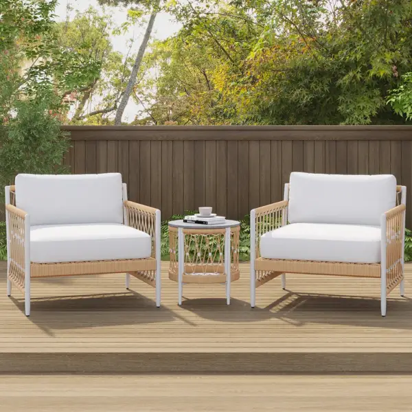 Ropipe 470mm Round Outdoor Side Table with Storage Patio Weave Rope End Table in Khaki - Image 7
