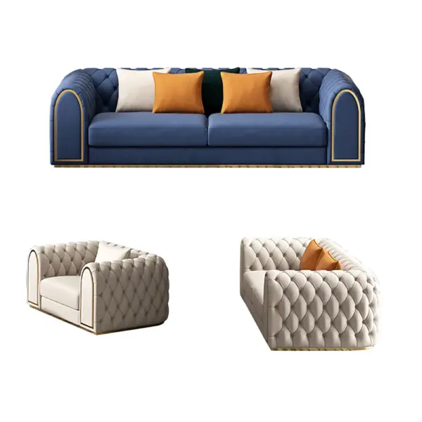 3-Piece Blue & Beige Luxury Velvet Upholstered Chesterfield Sofa Living Room Set - Image 7