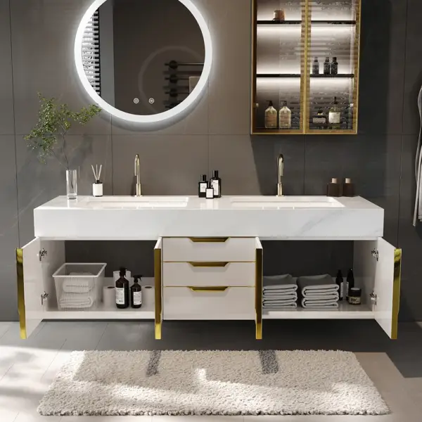 Aro 1500mm White Double Basin Wall Mounted Bathroom Vanity Drawers Faux Marble Top - Image 4