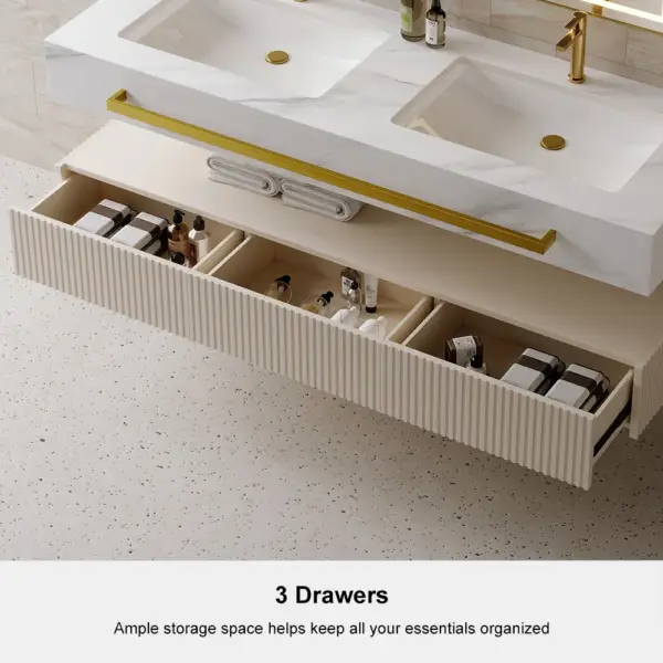 1400mm White Wall Mounted Double Basin Bathroom Vanity with 3 Drawers Faux Marble Top - Image 6