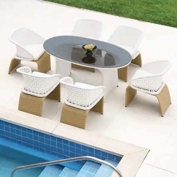 7 Pieces Traditional Aluminum Outdoor Dining Set with Oval Glass Table Rattan Armchair - Image 2