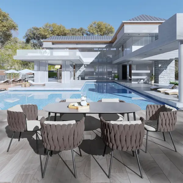 7 Pieces Outdoor Dining Set with Faux Marble Top & Aluminum Table and Rope Woven Chair - Image 4