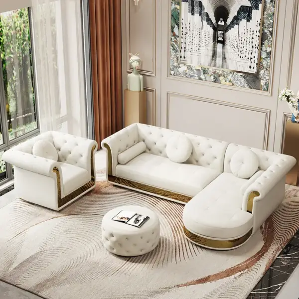 Dodiy Modern L-Shaped White Tufted Corner Sectional Sofa 6-Seater with Ottoman & Pillows - Image 12