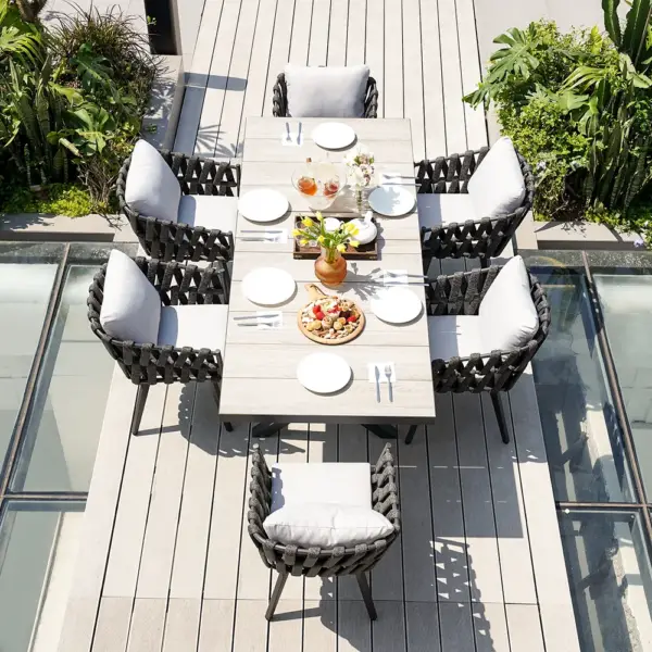7 Pieces Aluminum Outdoor Dining Set with Extendable Ceramic Top Table Woven Armchair - Image 2