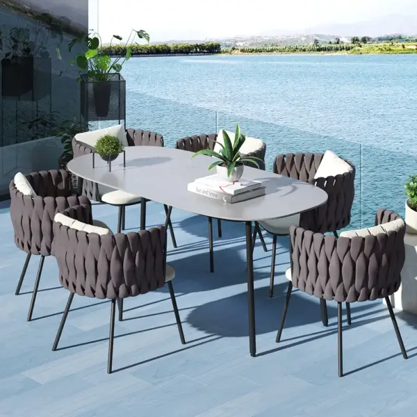 7 Pieces Outdoor Dining Set with Faux Marble Top & Aluminum Table and Rope Woven Chair - Image 2