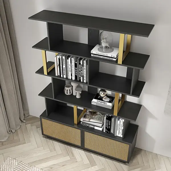 5-Tier Black Wood Bookshelf with 2 Doors Modern Bookcase in Gold Finish - Image 2