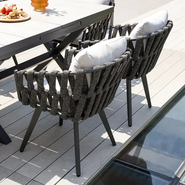 7 Pieces Aluminum Outdoor Dining Set with Extendable Ceramic Top Table Woven Armchair - Image 3