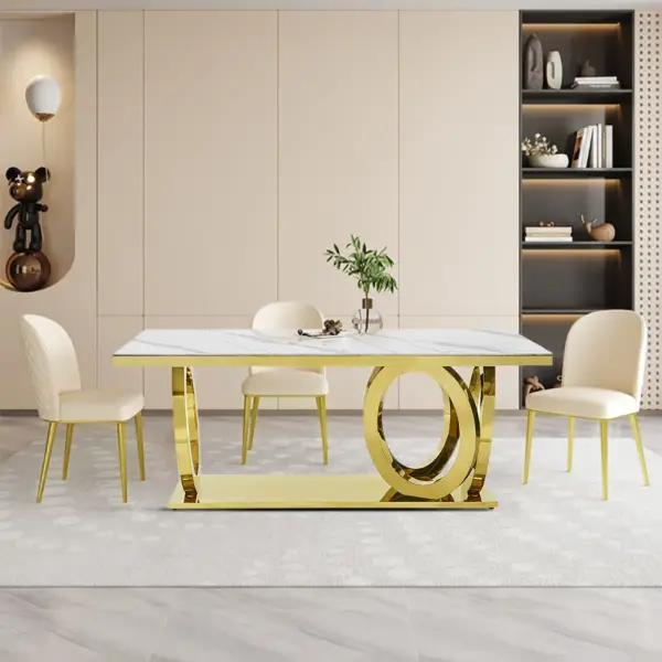 2000mm Modern Rectangle White Dining Table Sintered Stone Stainless Steel Base in Gold - Image 3