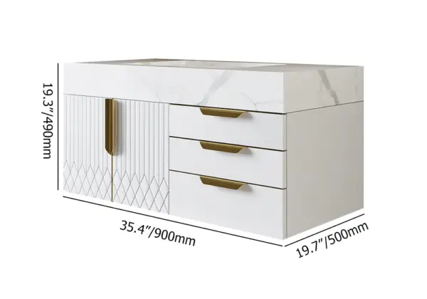 Aro 900mm White Wall Mounted Bathroom Vanity Drawers Faux Marble Top - Image 10