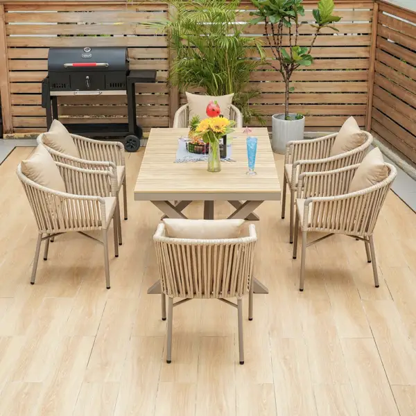 7 Pieces Outdoor Dining Set with Rectangle Table and Woven Rattan Armchair in Natural - Image 2