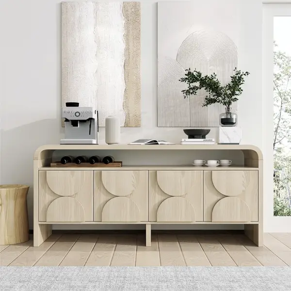 1800mm Wood Sideboard Buffet Japandi Distressed White Credenza Shelves & 4 Doors - Image 3