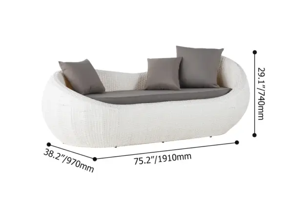 White Woven Rattan Round 1910mm Outdoor Sofa with Cushion & Pillow and Curved Back - Image 15