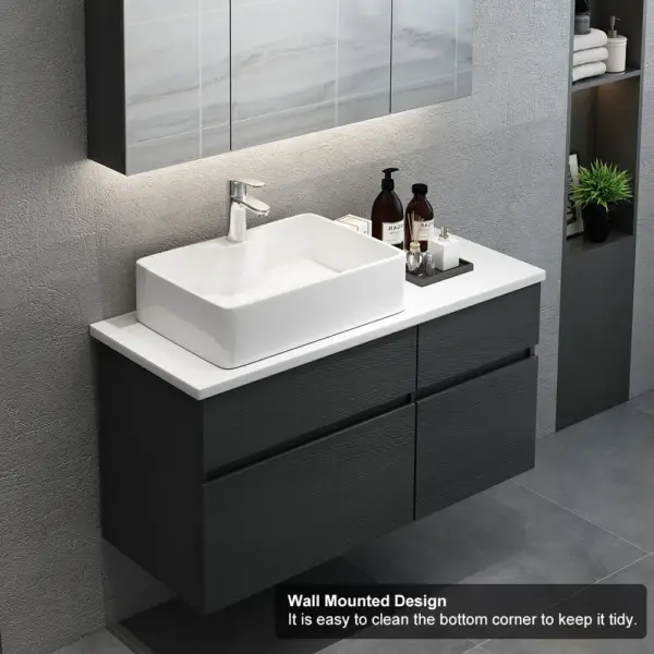 800mm Black & White Floating Bathroom Vanity Faux Marble Top Ceramic Countertop Basin - Image 7