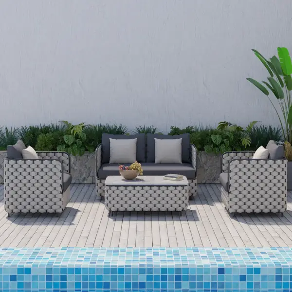 Martic 4Pcs Aluminum Rope Outdoor Sofa Set with Faux Marble Coffee Table Cushion Pillow - Image 7