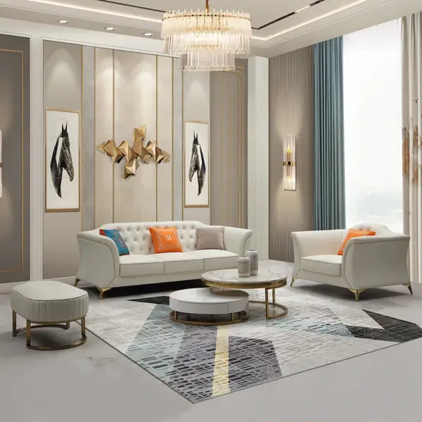 3 Piece Modern Faux Leather Living Room Set Chesterfield Sofa in Beige with Stool - Image 2