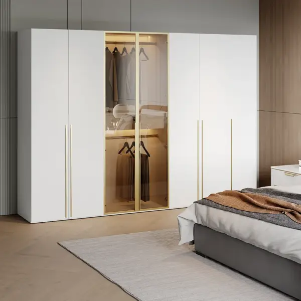 White & Gold Modern Extra Wide Wardrobe with Clear Glass Door Storage with Sensor Light - Image 2