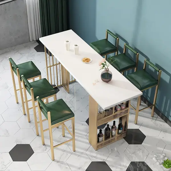 1600mm Modern White Metal Bar Height Table with Shelves & Storage in Gold - Image 3