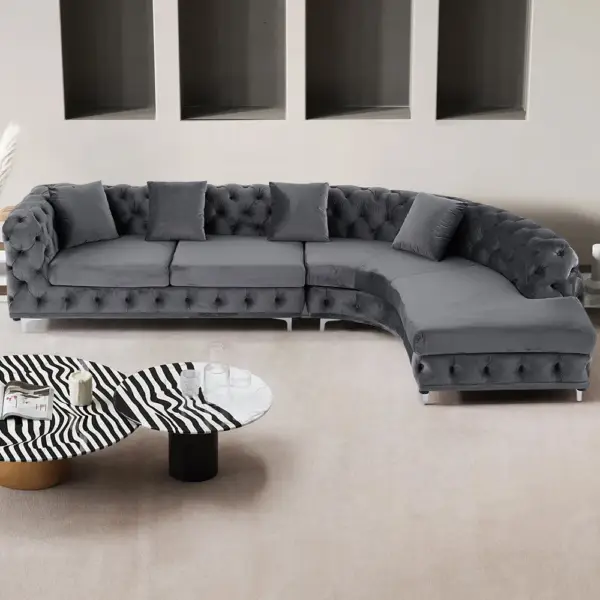 L-Shaped Curved Grey Sectional Sofa Upholstered Velvet Chesterfield Sofa - Image 2