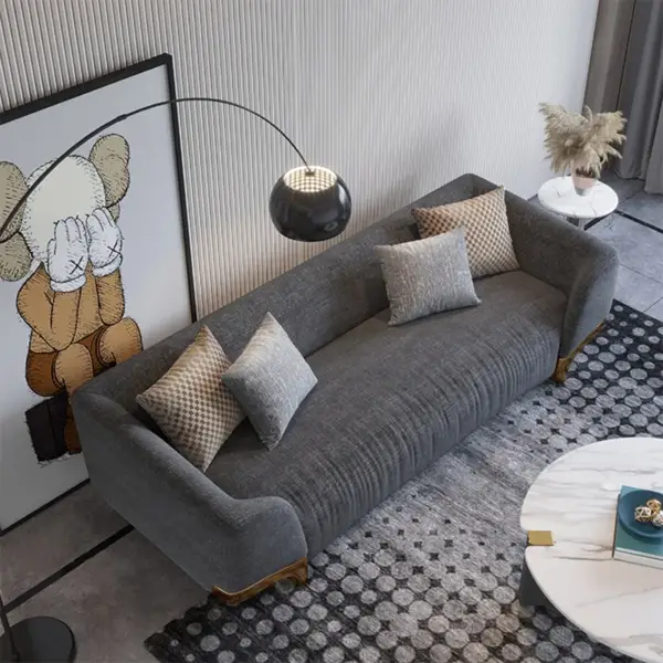 2200mm Grey 3-Seat Cotton & Linen Upholstered Sofa with Pillows Gold Legs - Image 3