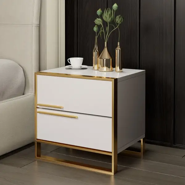 Nightstand Set of 2 White Square Bedside Table with 2 Drawers Minimalist Design in Gold - Image 2