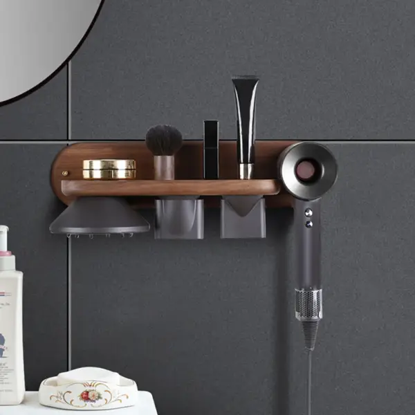 Wood Hair Dryer Holder Rack in Walnut with Accessories Storage & Shelf - Image 2