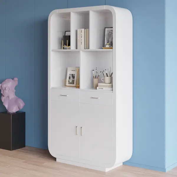 2010mm White Bookcase with Doors Modern Etagere Bookcase with Drawers - Image 2