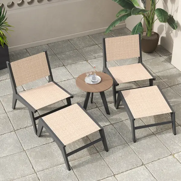 5Pcs Rustic Rattan Aluminum Outdoor Patio Lounge Chair Set Round Coffee Table & Stool - Image 4