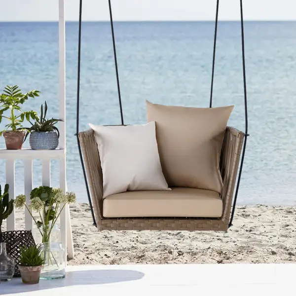 Traditional Outdoor Hanging Chair Rattan Porch Swing Chair with Khaki Cushion Pillow - Image 3