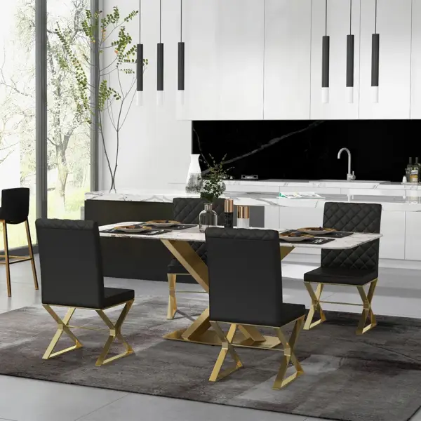 Dochic Modern Black Upholstered Leather Dining Table Chair Gold Legs Set of 2 - Image 6