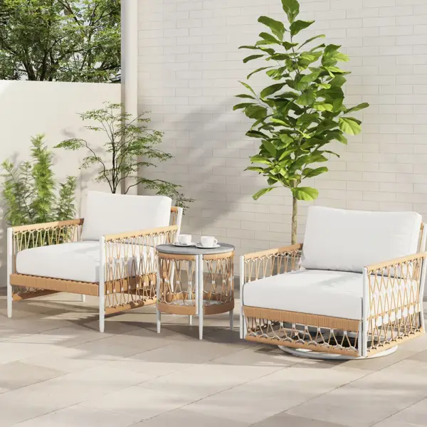 3 Pieces Aluminum & Weave Rope Outdoor Swivel Sofa Set with Side Table in Khaki for 2 - Image 3