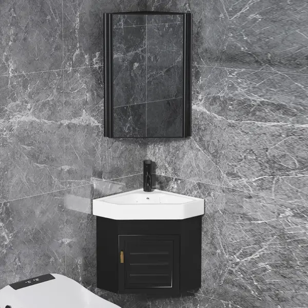 430mm Black Floating Corner Bathroom Vanity with Medicine Cabinet Ceramics Basin - Image 6