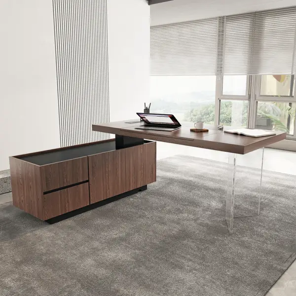 1815mm Modern Walnut Standing L-Shape Desk with Side Cabinet and lifter Desktop - Image 2