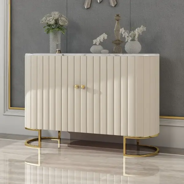 Epaule Off White Modern Sideboard Buffet PU Leather Sideboard Cabinet with Drawers Gold
