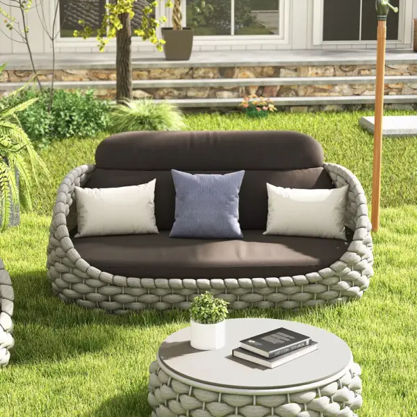 Tatta 3 Seater Modern Woven Textilene Rope Outdoor Sofa with Removable Cushion Gray - Image 3